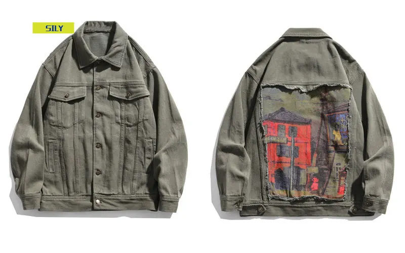 

House Print Patchwork Denim Jackets Streetwear Mens Hip Hop Harajuku Casual Jeans Jacket Coats Harajuku Fashion Tops