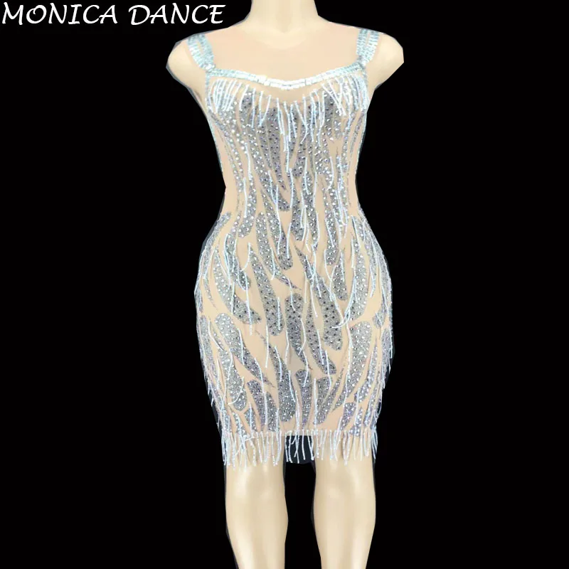 Сценическое женское сексуальное Стразы с кисточками прозрачное платье для