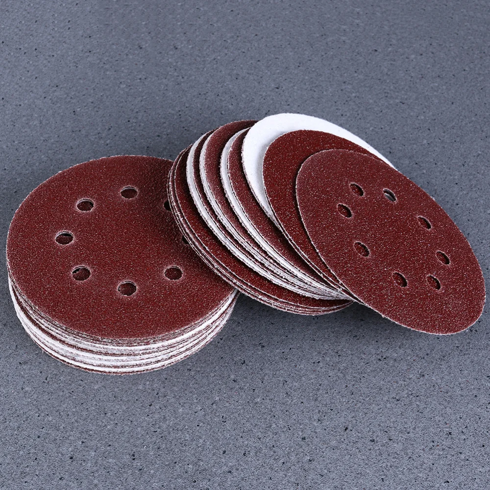 

50PCS 8 Hole 5 Inch Hook and Loop Sanding Discs Sandpaper Circular Pads (80 Grit, 100 Grit, 120 Grit, 150 Grit, 180 Grit)