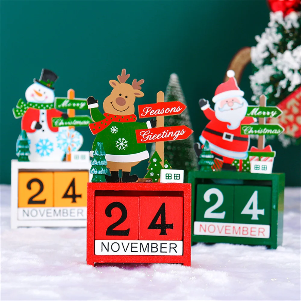 

Christmas Countdown Calendar Wooden Block Perpetual Desk Calendar Reindeer Snowman Santa Retro Christmas Handmade for Home Decor