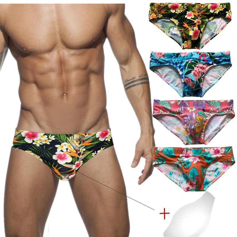 

Sexy Printed Briefs Men Padded Cup Push Up Underwear Swimwear Bikini Tanga Plus Size Quick Dry Beach Panties Bugle Pouch Thongs