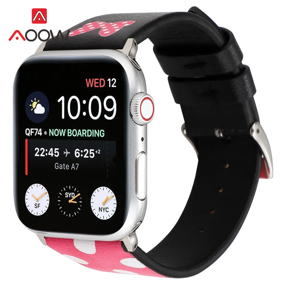 Ремешок для часов из натуральной кожи для Apple Watch 4, 40 мм, 44 мм, 38 мм, 42 мм, браслет с принтом Микки Мауса, ремешок для iwatch 1, 2, 3