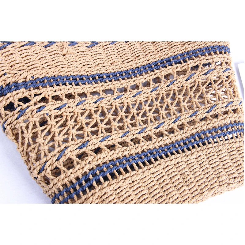 

New 2020 Hollow Handmade Straw Bag High Capacity Paper Rope Totes Crochet Summer Beach Bag Striped Contrast Woven Shoulder Bag