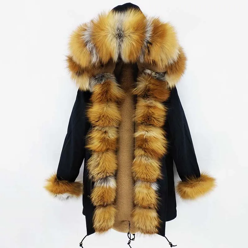 Женская Повседневная парка длинная теплая с воротником из натурального Лисьего