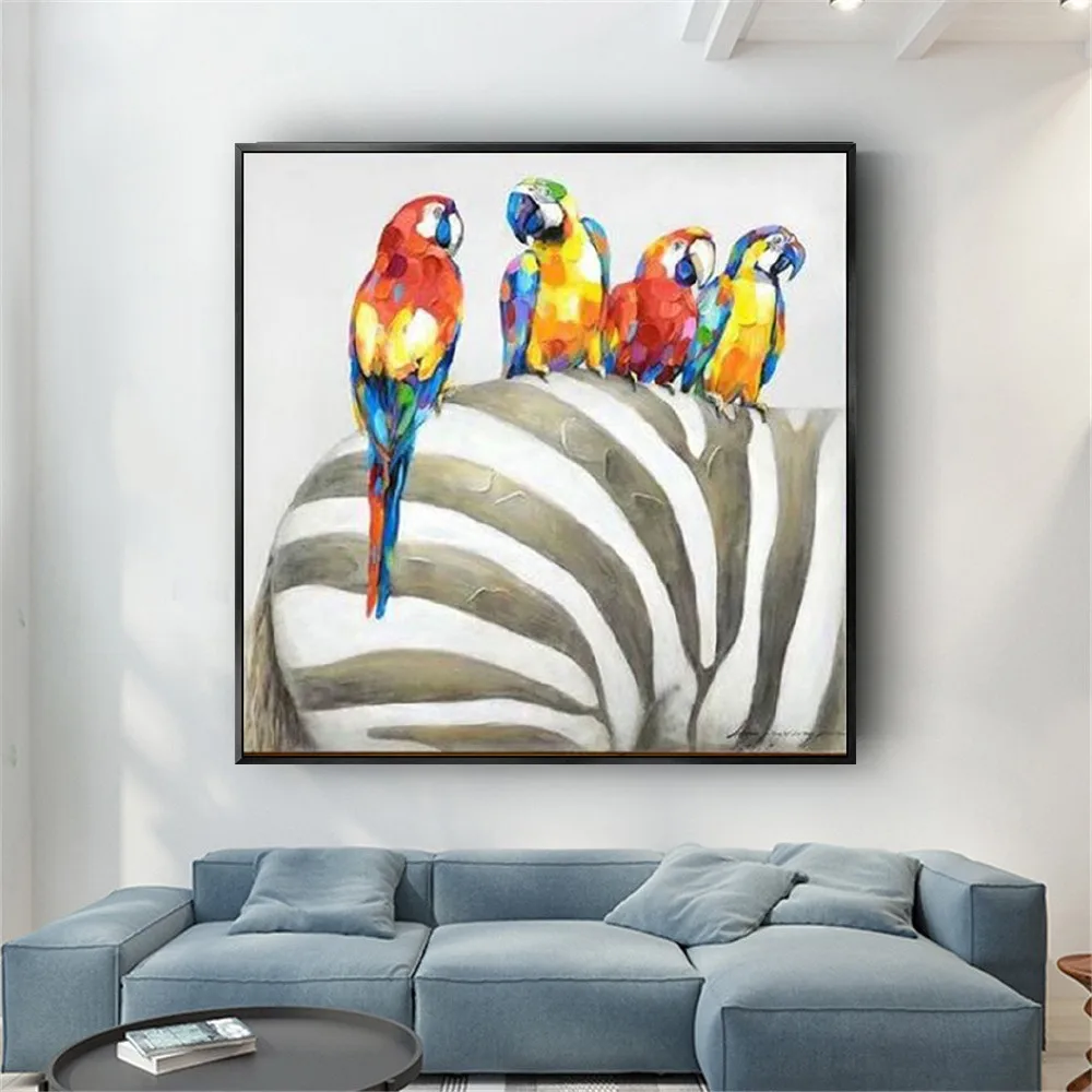 

Hot sale morden 100% Handmade oil Painting Rio parrot Pictures colorful birds Wall art Decoration ideas zebra picture on Canvas