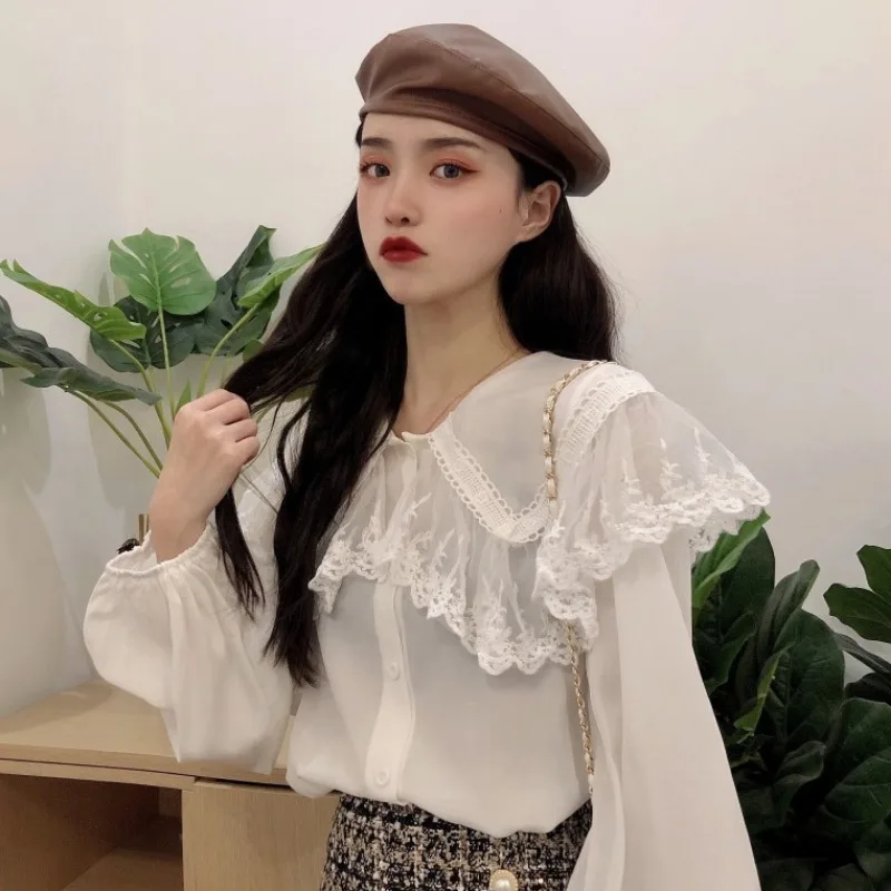 

Autumn Lace-up Sweet Style Peter Pan Collar Women Blouses Korean Clothes Fashion Brand Loose Shirts Ladies Tops Vintage New