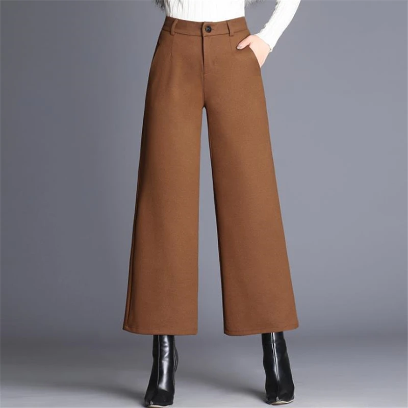 

Female Spring Plus Size Thick Wide Leg Pants Woman 50% Wool Loose Stretch Trousers Lady Winter Wool High Ankle-length Pants