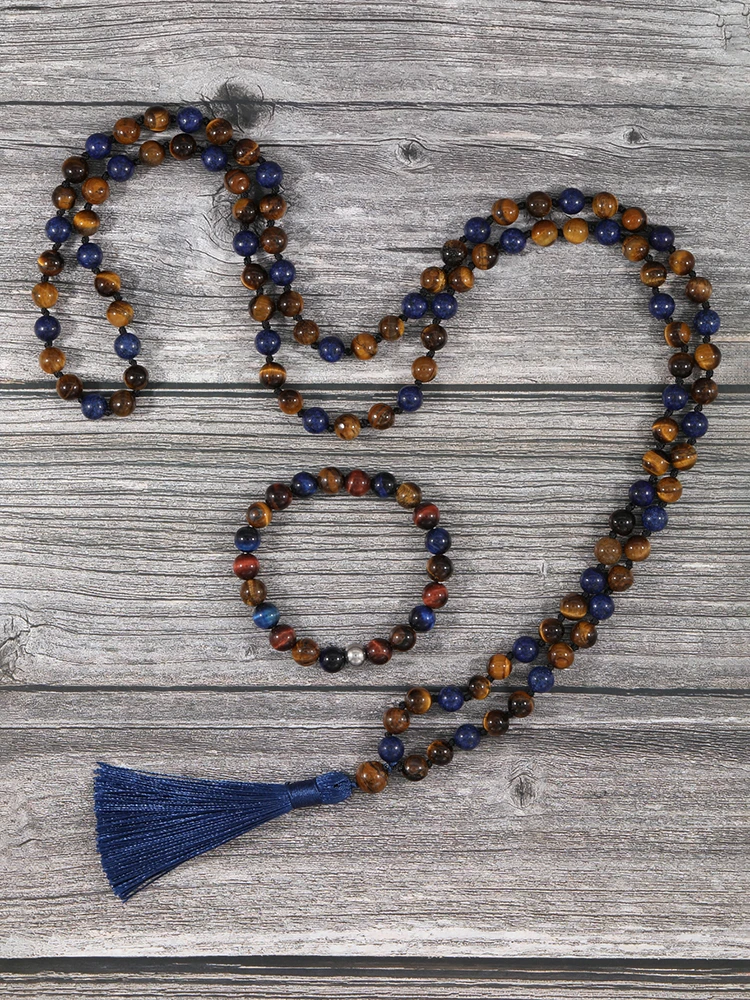 

YUOKIAA Tiger Eye Lapis Lazuli 108 Beads Mala Necklace Handmade Knotted Meditation Yoga Necklace Bracelet Prayer Spirit Jewelry