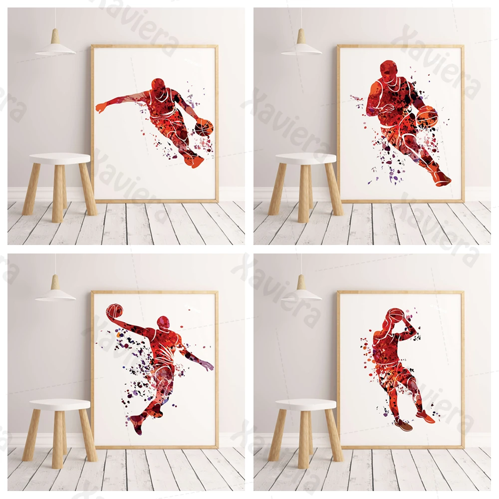 

Nordic Abstract Canvas Painting Basketball Silhouette Red Graffiti Art Poster Living Room Decoration Simple Picture On The Wall