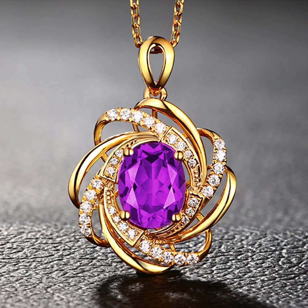 

Elegant Purple Crystal Amethyst Gemstones Diamonds Flowers Pendant Necklaces for Women 18k Gold Filled Fine Jewelry Bijoux Gifts