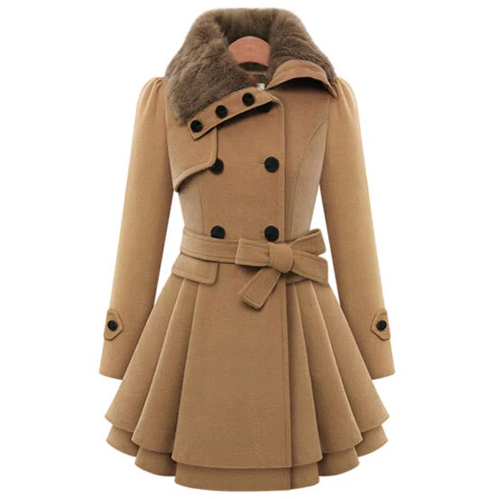 Women's Winter Slim Long Plus Size Double-Breasted Thickened Warm Korean Coat British Style Belt Fashion Classic Windbreaker