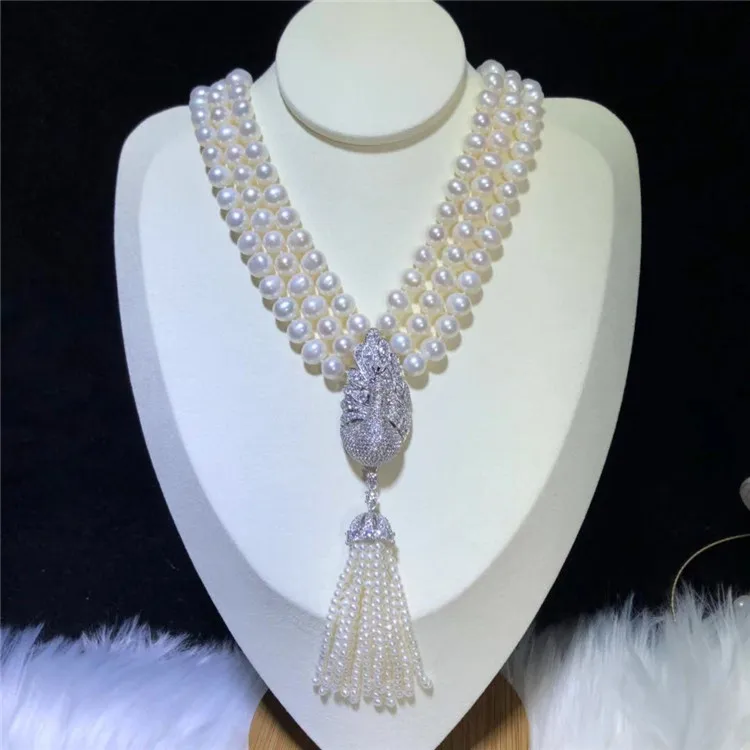 Hand knotted natural 8-9mm white freshwater pearl necklace peacock zircon pendant tassel personality fashion