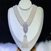 hand knotted natural 8 9mm white freshwater pearl necklace peacock zircon pendant tassel personality fashion