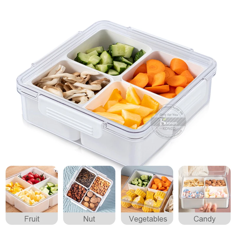 

KONCO PET Refrigerator Storage Box Fruit Fresh-keeping Box With 4 Grids Kitchen Vegetable Storage Sealed Box For Fruit Vegetable