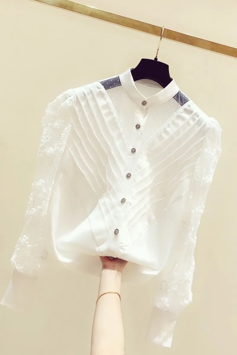 

2020 New Autumn Korea-style Long Sleeve White Blouses Hollow Out Gauze Patchwork Lace Stand Collar Women Shirts and Top