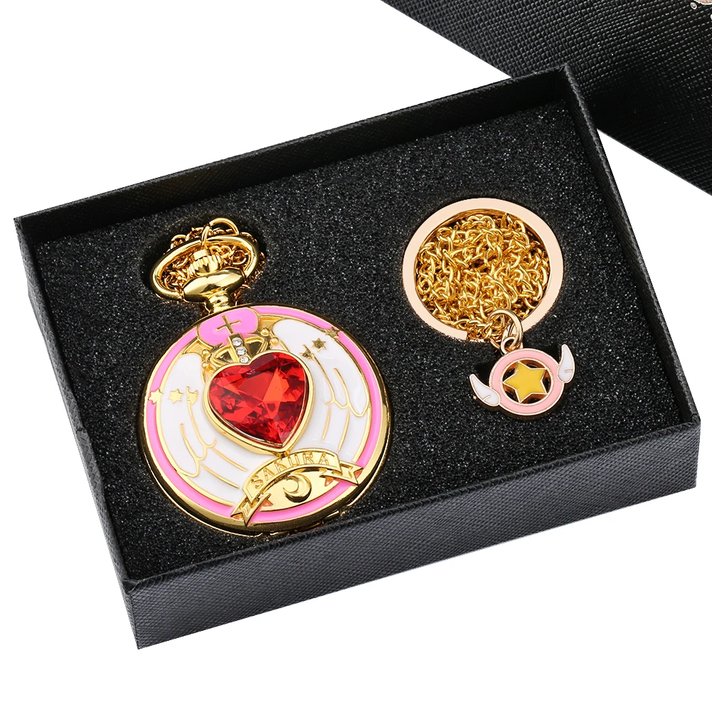 Pocket Watch Key Ring Gifts Set Japan Anime Magic Girl Sakura Cartoon Cosplay Pendant Clock Hours Girls Lady Women Xmas Gift Set