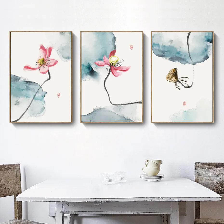 Чернильная живопись в китайском стиле лотос листья лотоса плакат печать