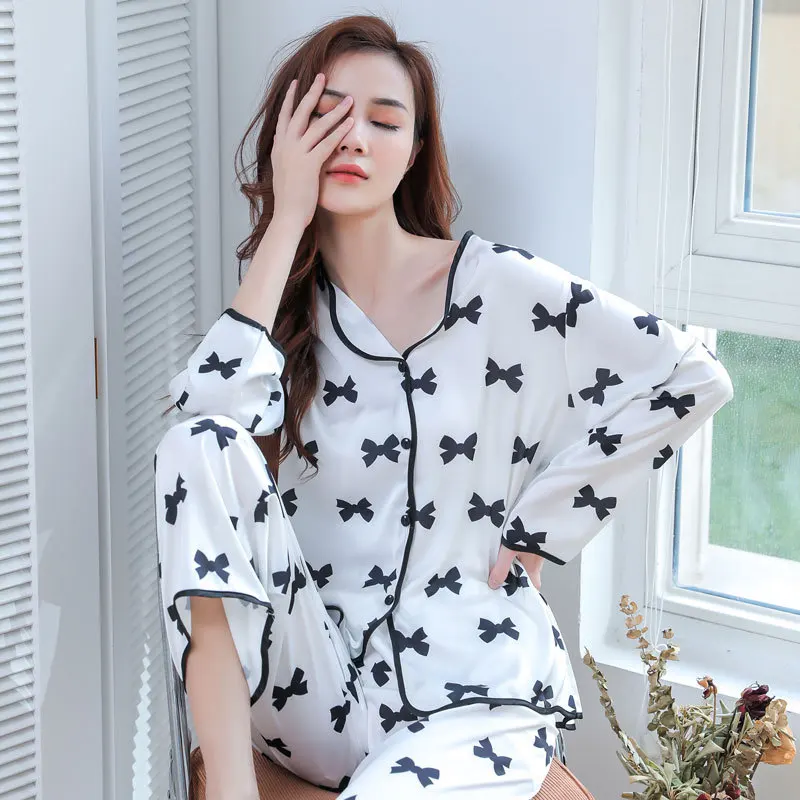 

Satin Print Bow Pajamas Set Long Sleeve Shirt&Pants Women Loose 2PCS Sleepwear Casual Sleep Set Female Silky Pijamas Suit