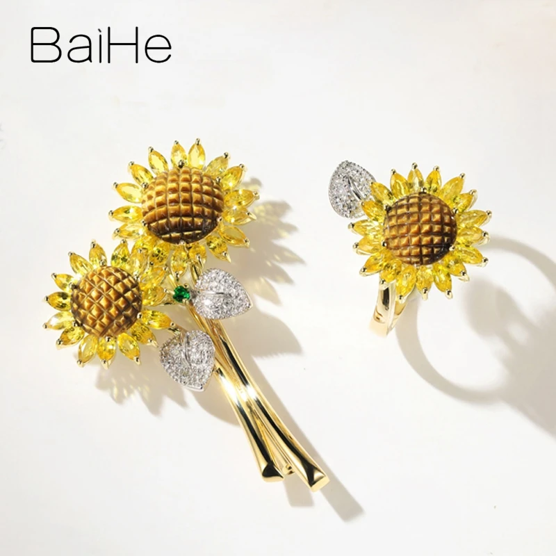 BAIHE Solid 14K White+Yellow Gold Natural Diamonds+Tiger's eye+Tsavorite+Yellow Sapphirs Fine Jewelry Sun flower Pendant брошь |