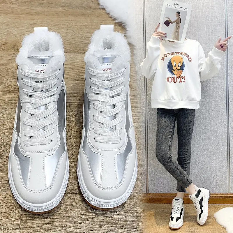 

2021 Autumn and Winter New White Shoes Thick-soled Casual Cotton Shoes Snow Boots High-top Plus Velvet Women's Shoes