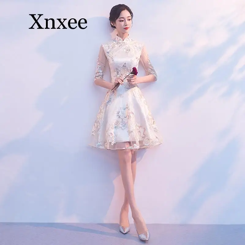 

Lace A-Line Lady Cheongsam Half Sleeve Elegant Women Qipao Oversize 3XL Vestidso Sexy Bride Wedding Party Dress Gown