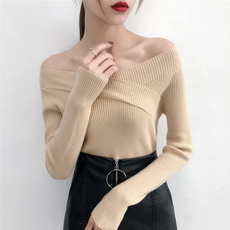 

New 2021V Neck Twisted Back Sweater Women Jumpers Autumn Pullovers Casual Tops Long Sleeve Knitted Sweaters Off Shoulder