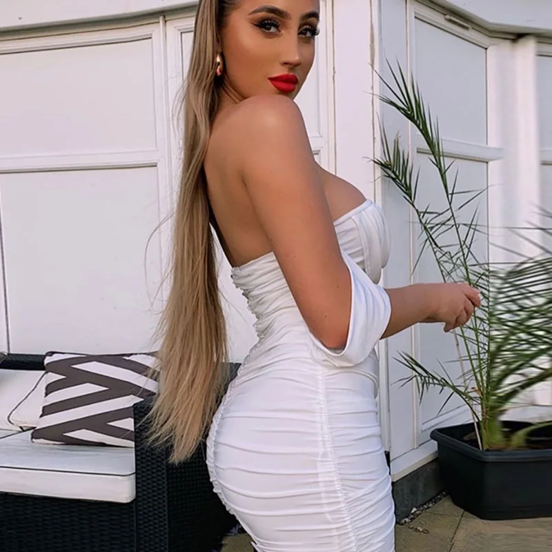 

Strapless Ruffled Red Dress Elegant Party Club Backless Tube Dresses Sexy Wrap White Black Bandage Vestidos Femme Robe Bodycon