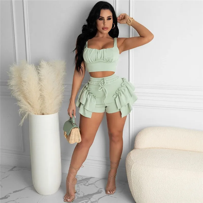 

CHRONSTYLE Sexy High Waist Ruffles Shorts Sleeveless Tube Tops Cropped Women Summer 2 Pieces Sets Fashion Clubwear Outfits 2021