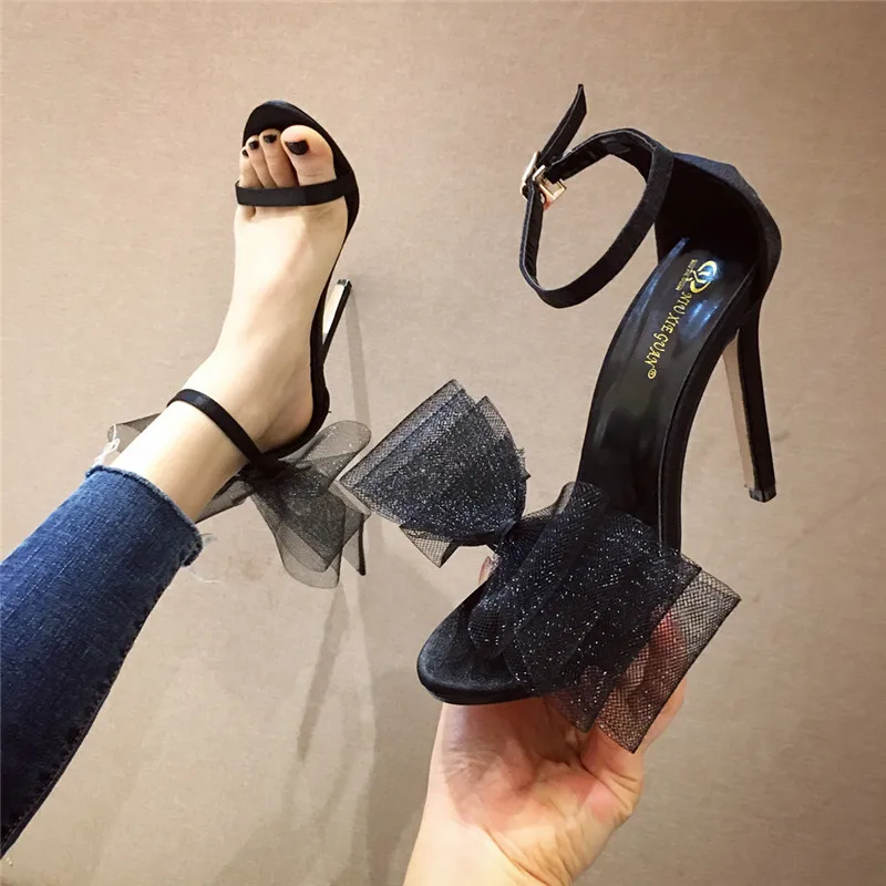 

Women Sandals 2020 Pointed Toe Buckle Strap Stilettos Ladies Shoes High Heels Sandals Women Net Yarn Big Bow Heels