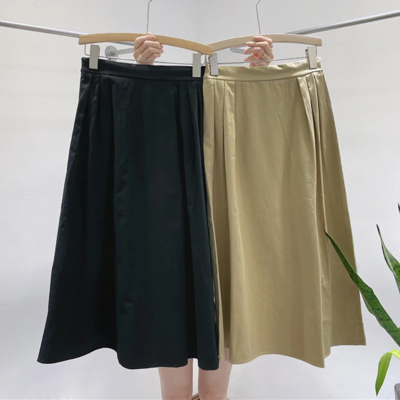 Autumn Preppy Pleated Long Cotton Skirts Mustard Temperament A-line Calf Length | Женская одежда