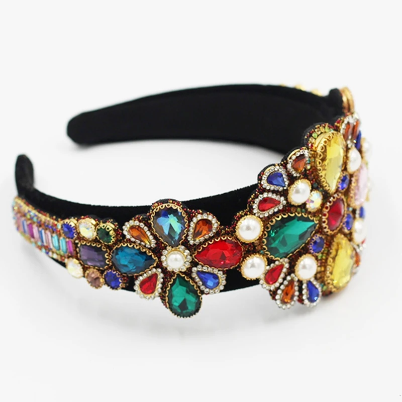 

Baroque Ethnic Luxury Headband Colorful Crystal Pearl Flower Jewelry Hair Hoop 649C