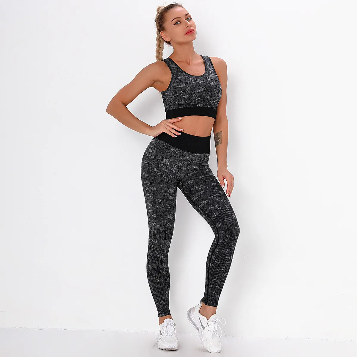 

Hot Sale Seamless Knitted Jacquard Camouflage Line Hip-lifting Yoga Pants, Sports Bra, Gym Suit Yoga Active Wear Yoga Top