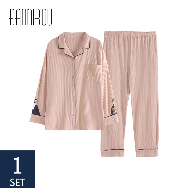 

BANNIROU Women's pajamas Woman pijama Set Spring Pyama Sleepwear 100% Cotton Home Clothes For Woman Female Pajama New 2021