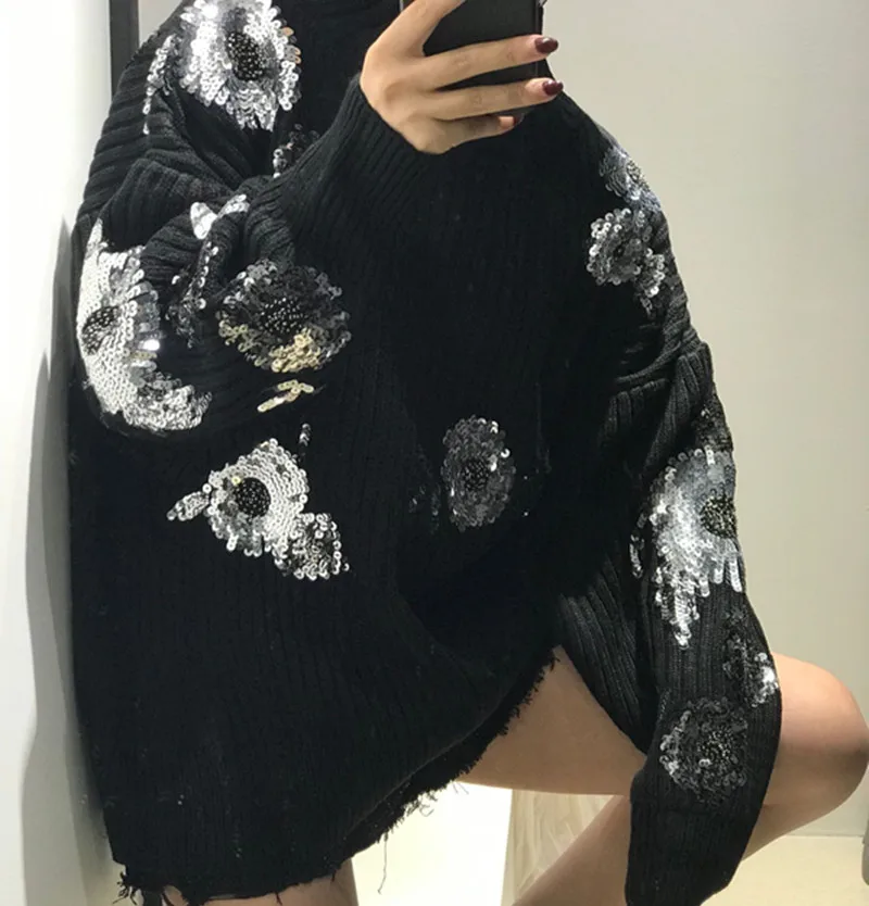 Черный свитер женский 2019 осень и зима бисер цветок украшение расшитые блестками
