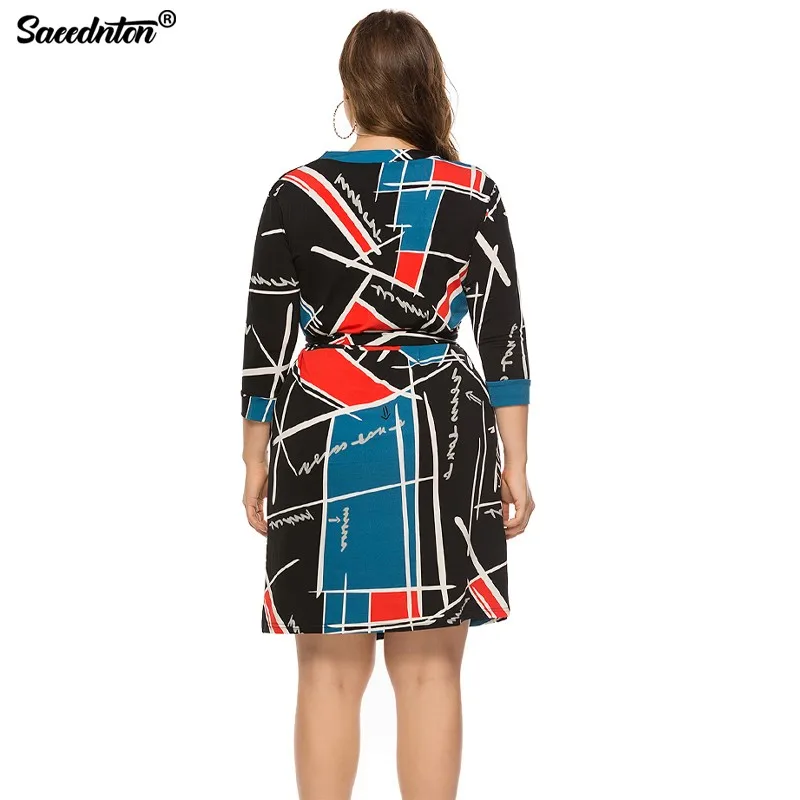

Elegant Geometric Print V-neck Collar Dresses Vestidos Women 2021 Spring Plus Size 6xl Female Vintage Office Lady Party Dresses
