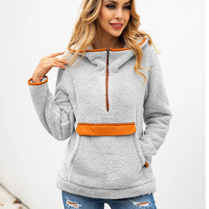 

Fluffy Faux Fur Hoodies Women Winter Thick Warm Fleece Hooded Pullovers Casual Patchwork Zipper Up Outwear Female Coats