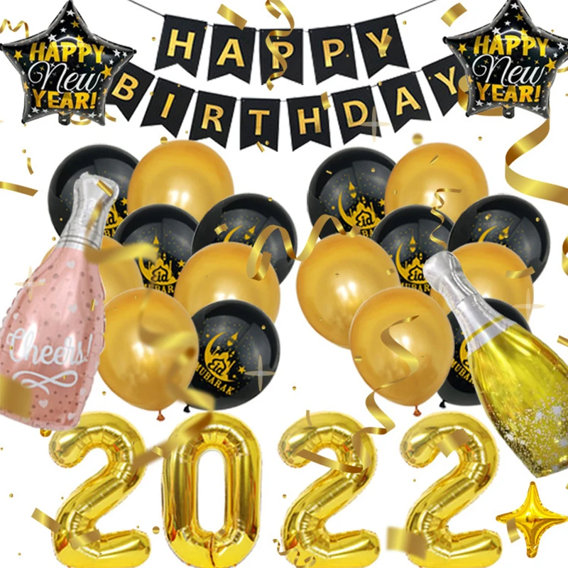 

2022 Happy New Year Foil Balloons Photo Booth Frame Props Balloons Gold Black Banner Garland New Year Eve Party Home Supplies
