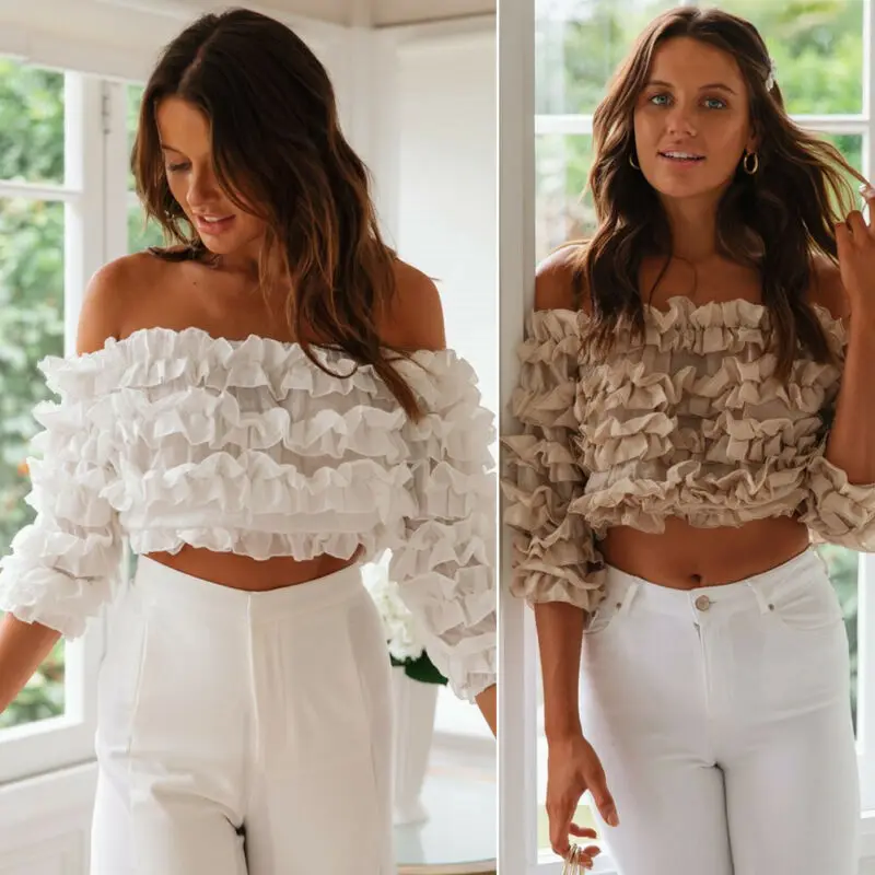 Новая женская прозрачная блузка с открытыми плечами рюшами и пышными длинными