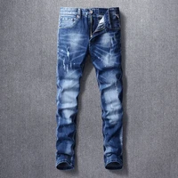 european street fashion men jeans retro blue elastic slim fit ripped jeans men frayed hole vintage designer casual denim pants
