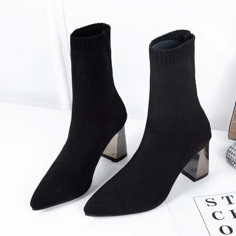 

2022 Women Stretch Knitted Sock Boots High Heels White Ankle Boots Low Block Heel Lady Warm Winter Chunky Shoes