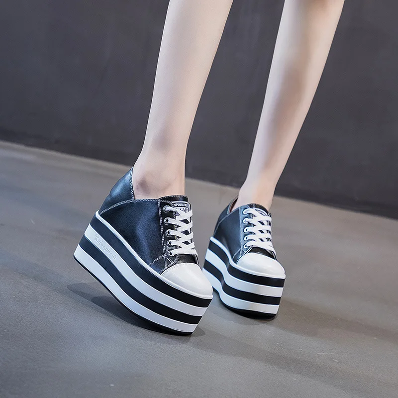 

Genuine Leather White Black Sneakers Women Platform Wedged Shoes Women's Platform Sneakers 2021 Fashion Women Casual Shoes New