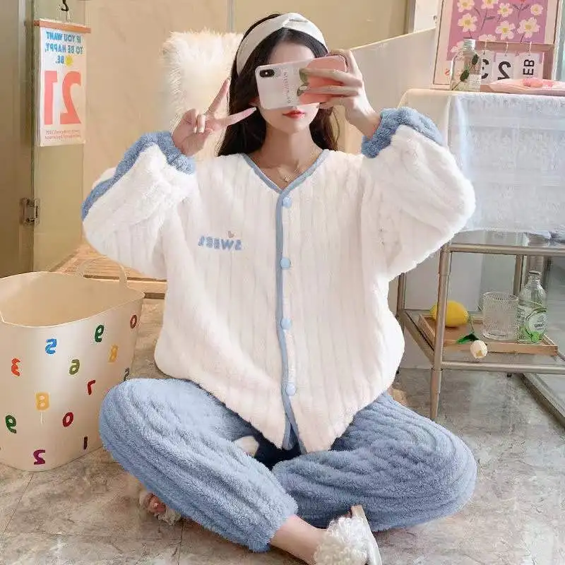 Women Winter Coral Fleece Pajamas Sets Thick Warm Flannel Sleepwear 2-Piece Set V-Neck Female Long Sleeve Trousers Pyjamas