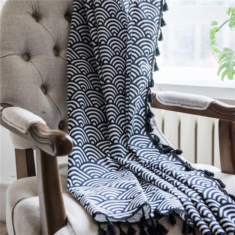 В синюю волнистую-стиль с принтом шторы кисточкой обогащение окна из хлопка и