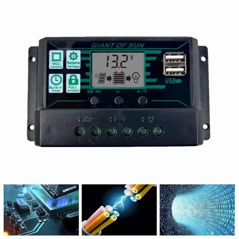 

10A/20A/30A/100A Auto Solar Charge Controller PWM Dual USB Output Solar Cell Panel Charger Regulator 12V24V Power HD LCD Display