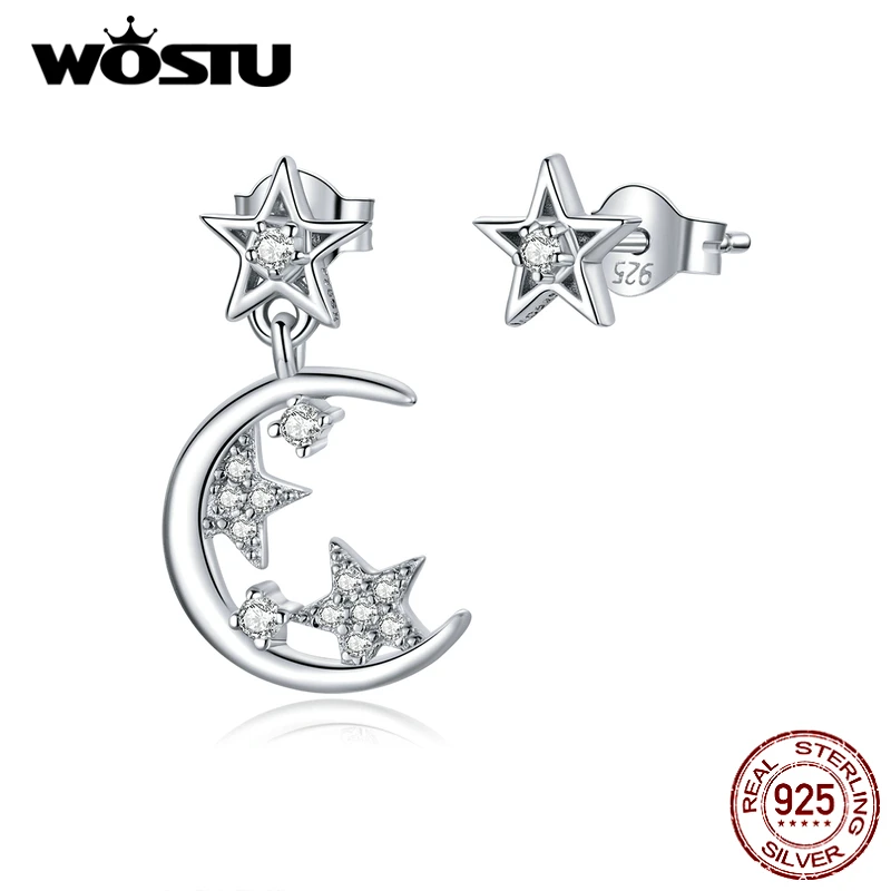 WOSTU, настоящее 925 пробы, серебряные, блестящие, звезда, луна, серьги-гвоздики для женщин, свадебные, циркон, маленькие серьги, модное ювелирное изделие, FIE813