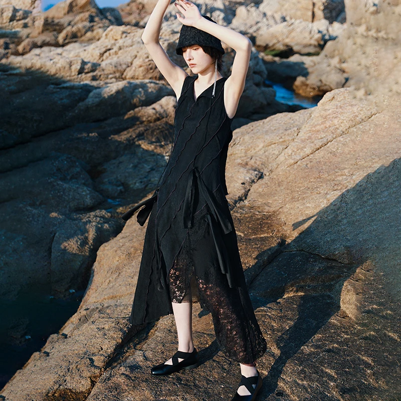 

SHENGPALAE Elegant Solid Color Spliced Mesh Dress Women's Summer 2021 New V-neck Waist Sleeveless Mid-calf Dresses Female Tide