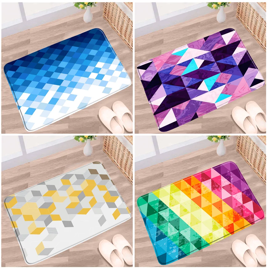 

Color Plaid Bathroom Mat Modern Geometric Pattern Non-slip Rug Flannel Home Floor Decor Toilet Bath Kitchen Doorway Aisle Carpet