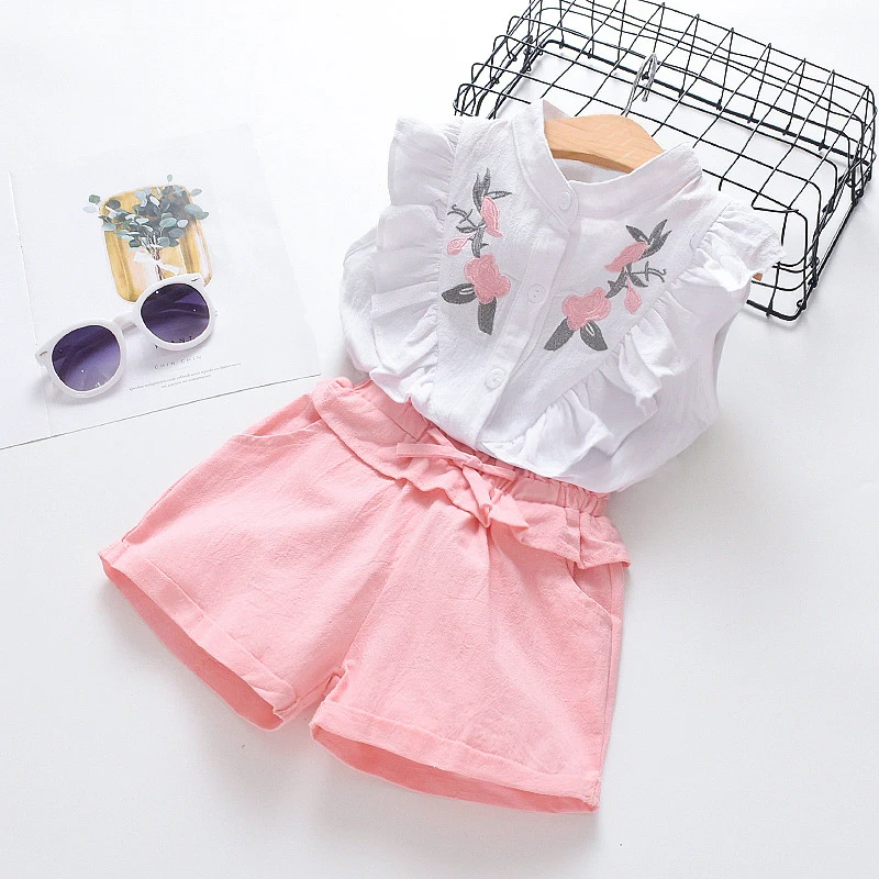 

Baby Girls Clothes Set 2020 Summer Sleeveless Flower Blouse Tops and Shorts for Girl Kids Clothes Set DT146