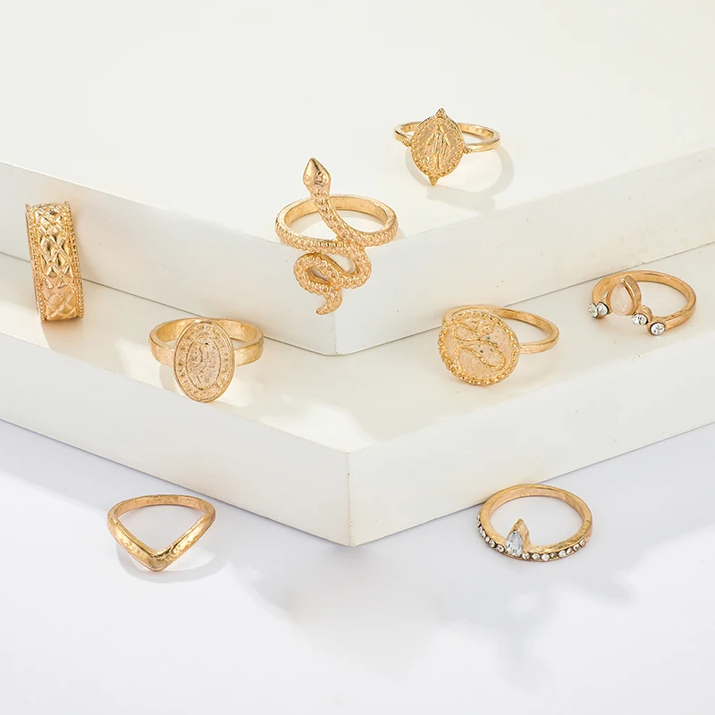 

docona Bohemia Snake Coin Profile Ring for Women Gypsy Geometric Carving Knuckle Midi Rings set Jewelry Anillos 8pcs/set 8852