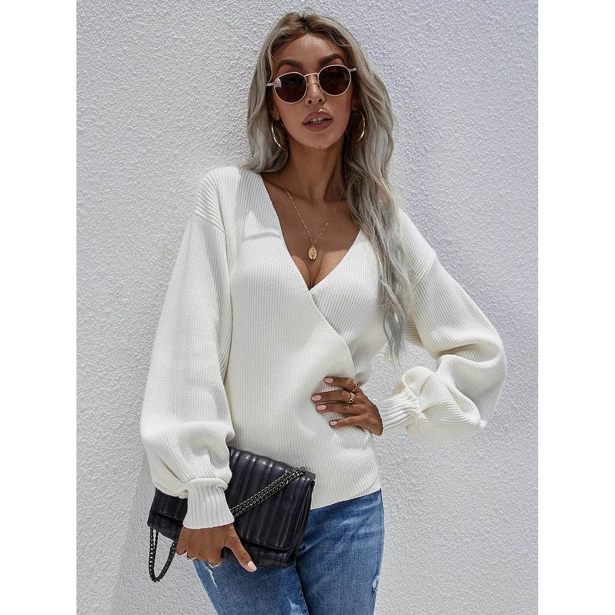 

Autumn Winter Solid Color Knitted Sweater Women Loose Pullover Sweater Plus Size V-neck Cross Sweater Casual Fashion Top